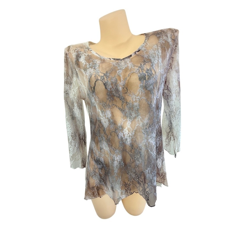 Brittany Blake Fairycore Whimsigoth Sheer Lace Bell Sleeve Marble Print Top L - Picture 2 of 13